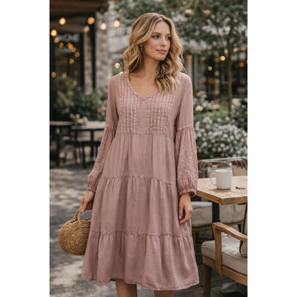 Solitaire Chambray Pintuck Tiered Midi Dress | Embroidered Boho Long Sleeve Sz S
